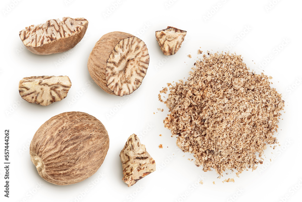 Whole and grated nutmeg isolated on white background with full depth of field. Top view. Flat lay Whole and grated nutmeg isolated on white background with full depth of field. Top view. Flat lay