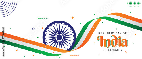 3D Tri Color India Flag Ribbon with Ashoka Wheel Banner Template, Happy Republic day of India Background Design Vector Illustration