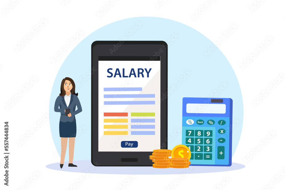 Salary mobile phone application and businesswoman with calculator, horizontal illustration design Salary mobile phone application and businesswoman with calculator, horizontal illustration design