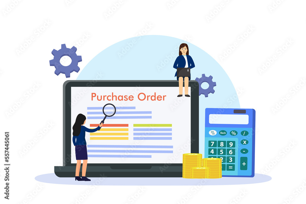 Businesswomen looking at purchase order form on laptop computer screen Businesswomen looking at purchase order form on laptop computer screen