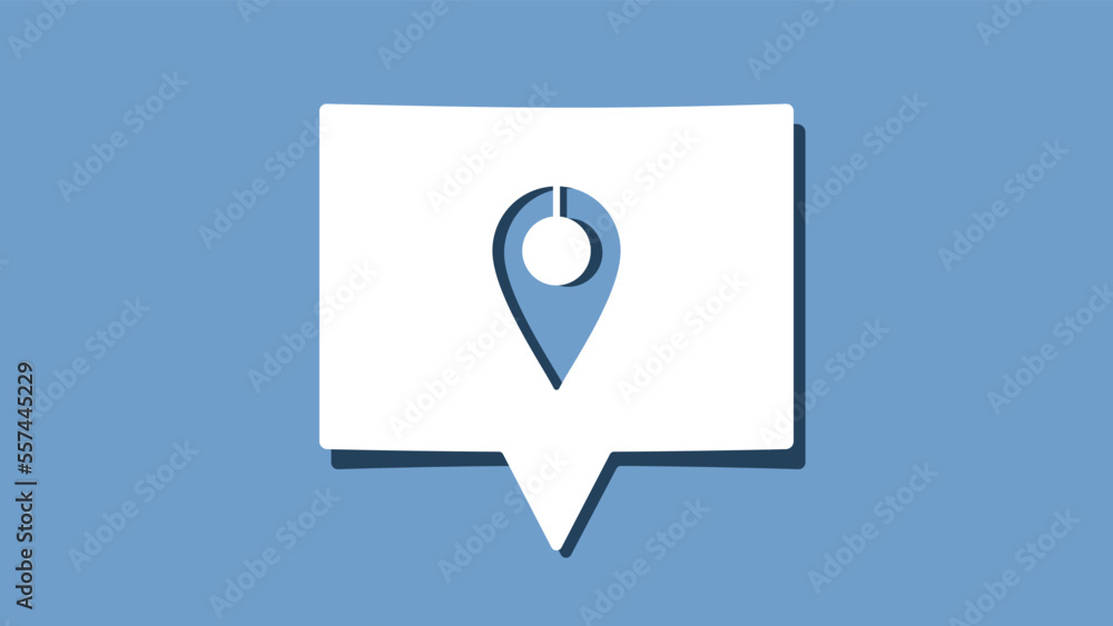 Location pin symbol on cutout white paper speech bubble on blue background Location pin symbol on cutout white paper speech bubble on blue background