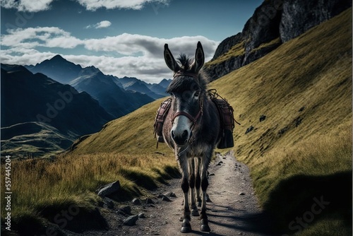 a donkey walking down a dirt road in the mountains with a sky background and clouds in the sky above.
