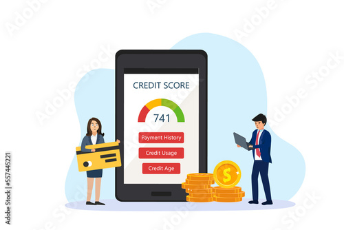 Credit score mobile phone application with business people and money