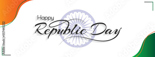 Happy Republic Day Text Banner Template, Republic Day Typography and Modern Vector Calligrphy Design. Tri Color India Flag with Ashoka Wheel Decorated Background Design