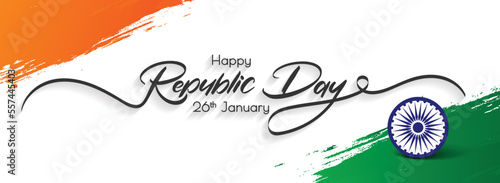Happy Republic Day with 26 Janurary Text Banner Template, Republic Day Typography and Modern Vector Calligrphy Design. Tri Color India Flag with 3D Ashoka Wheel Decorated Background Design