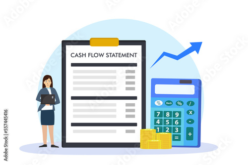 Cash flow statement document on a clipboard with businesswoman and calculator
