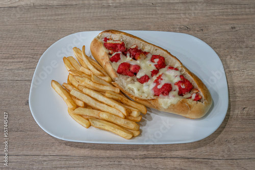 Paris, France - 12 07 2022: Middle East dishe culinary Still Life. Sandwich Tandoori chicken with french fries photo