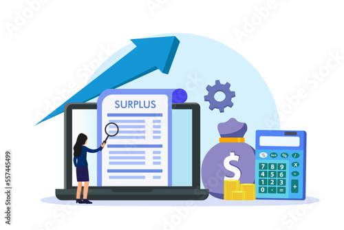 Surplus vector concept: Businesswoman looking surplus form on laptop
