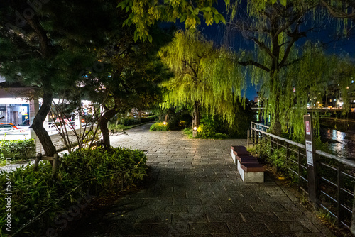 夜の京都の鴨川沿いの歩道