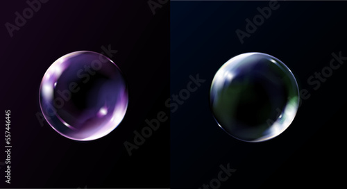 Bubbles isolated on black background. Realistic transparent soap bubble with glares. Bubbles illustration vector.