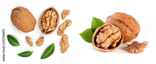 Walnuts with leaf isolated on white background with copy space for your text. Top view. Flat lay