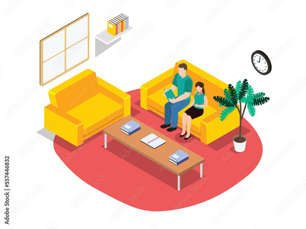 Father and daughter reading book in the living room, 3d isometric vector concept