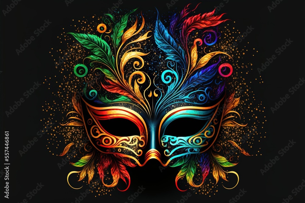 Bright Colorful Carnival Mask On Black Background Generative AI