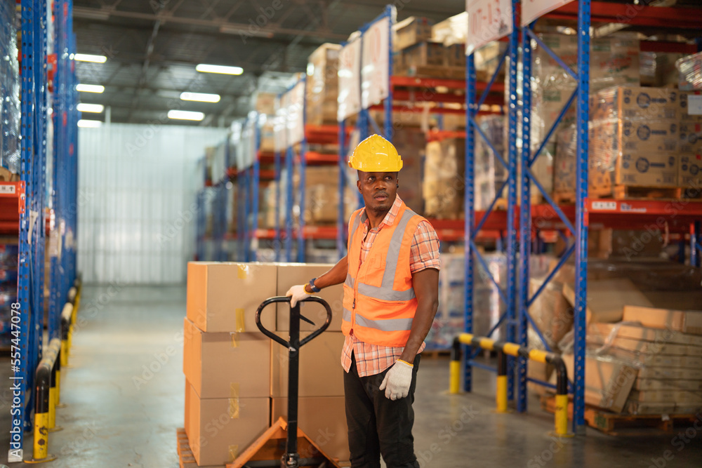 Portrait of black man worker working in large warehouse retail store industry factory. Rack of stock storage. Cargo in ecommerce and logistic concept. Depot. People lifestyle. Shipment service. Portrait of black man worker working in large warehouse retail store industry factory. Rack of stock storage. Cargo in ecommerce and logistic concept. Depot. People lifestyle. Shipment service.