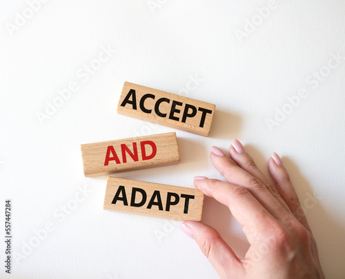 Accept or adapt symbol. Wooden blocks with words Accept and adapt. Beautiful white background. Businessman hand. Business and Accept and adapt concept. Copy space.