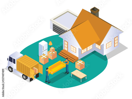Moving house. Deliver men loading and unloading furniture in the truck