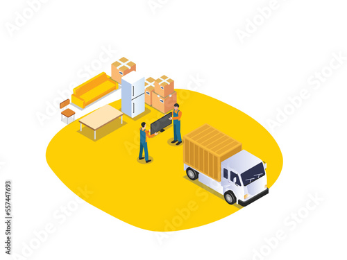 Moving house. delivery men moving furniture in the truck