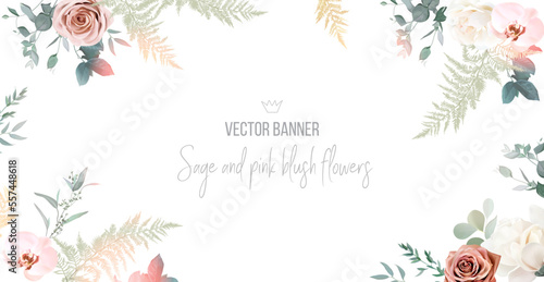 Silver sage and blush pink flowers vector design frame