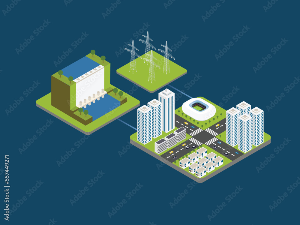 Water power plant isometric 3d vector concept Water power plant isometric 3d vector concept