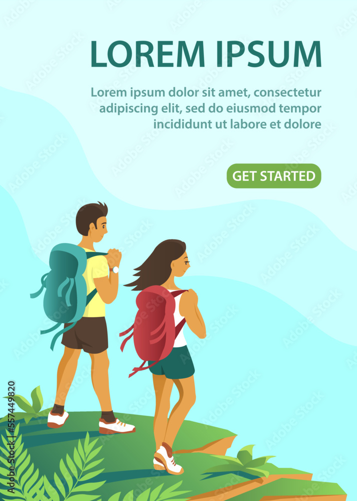 Young man and woman with backpacks travel in the wild. Active lifestyle, hiking tourism. Nature background. Design for poster, banner, website. Cartoon vector illustration