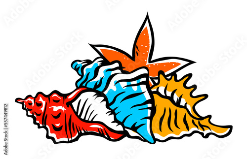 Fototapeta Naklejka Na Ścianę i Meble -  Colorful seashells and starfish set. Snail sea shell. Marine underwater twisted seashell. Spiral shape. Undersea mollusc. Animal and wildlife. Cartoon isolated art illustration hand drawn