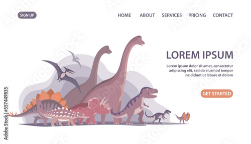 Group of dinosaurs. T rex, brachiosaurus, pteranodon and triceratops. Jurassic animals. Children toys, attraction and entertainment park. Design for poster, banner, website. Cartoon illustration