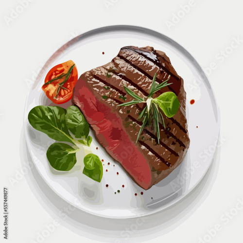 Cartoon marbled steak with vegetables on a white plate. Steak vector illustration.