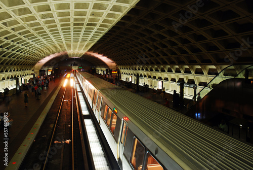 A metro subway train pulls into a station in Washington DC during the morning commute