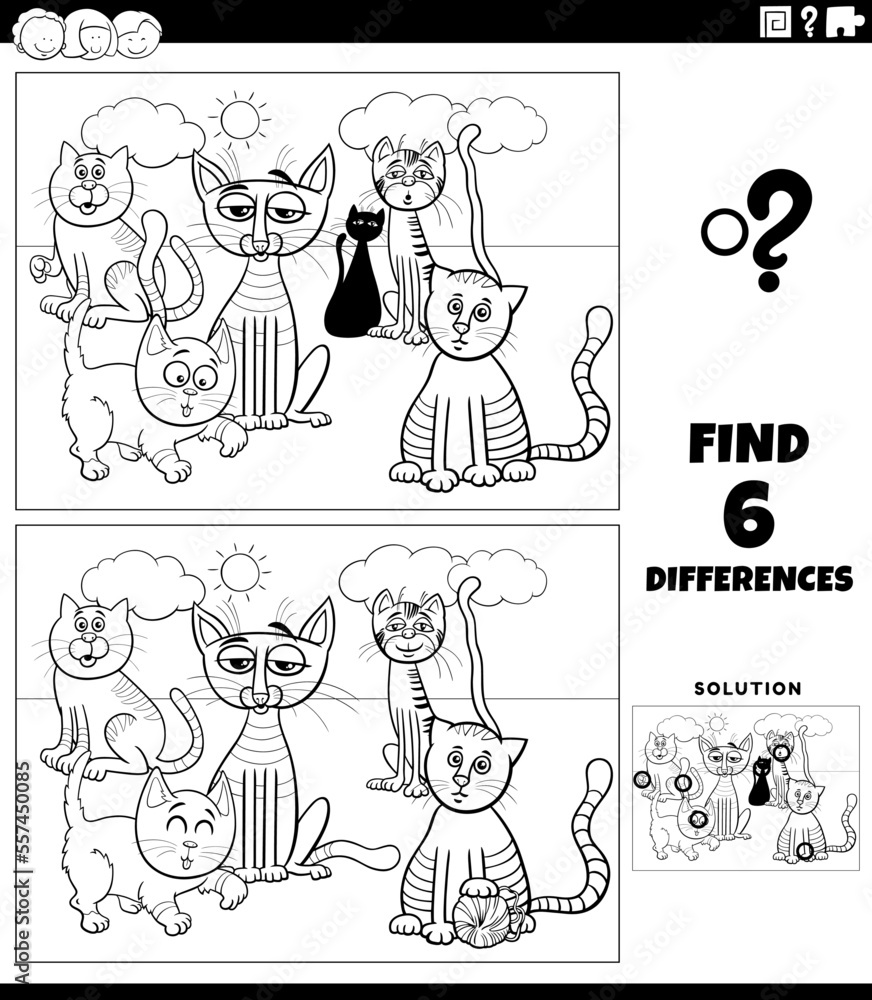 differences game with cartoon cats coloring page