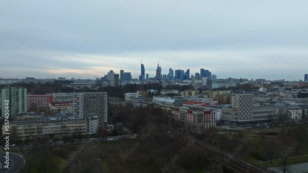 Panoramic aerial view of the modern skyscrapers and business center in Warsaw. View of the city center from above in Warsaw, Poland. Panoramic aerial view of the modern skyscrapers and business center in Warsaw. View of the city center from above in Warsaw, Poland.
