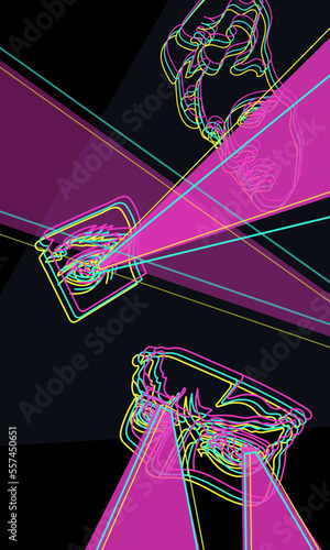 Rave is a psychedelic acid sculpture, and its parts are David. Parts of David's face in linear rendering on a dark background with lasers from the eyes. Abstract background with light rays.