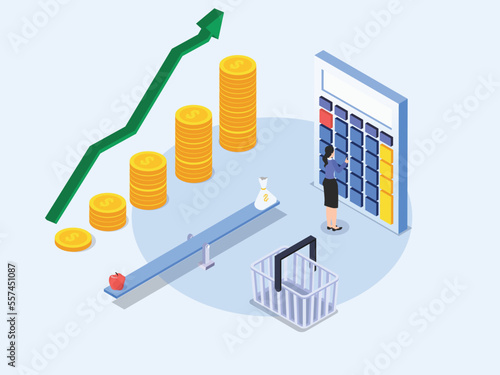 Woman calculating the cost of food prices isometric 3d vector concept