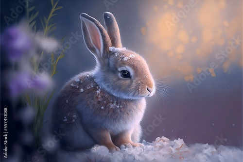Red rabbit with purple flowers and grass sitting in the snow with copyspace. Generated ai.
