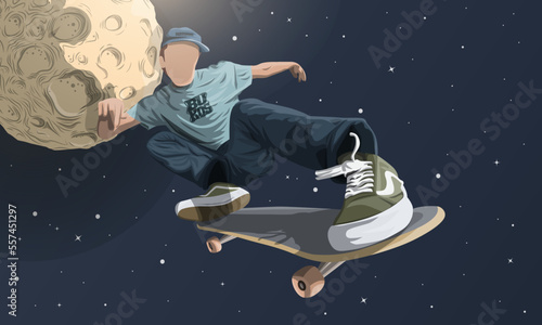 Illustration of skateboarder on space moon