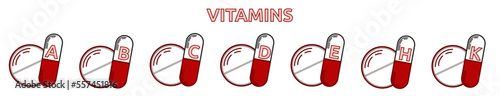 A set of icons for pill and capsules of a multivitamin complex. Multivitamin supplement. Vitamin A, B, C, D, E, K. The concept infographics of multivitamin complex.