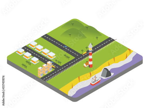 Town near coast isometric 3d vector concept