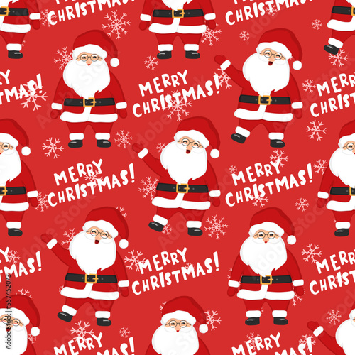 Hand drawn seamless pattern of cute smiling Santa Claus, snowflakes. Lettering Merry Christmas. New Year and Christmas character illustration for greeting card, invitation, wallpaper, wrapping paper