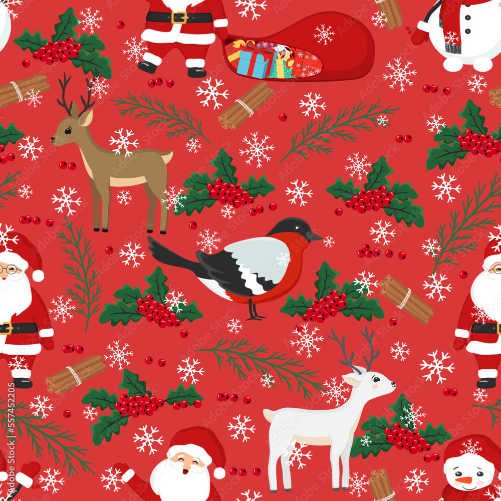 Hand drawn seamless pattern of Santa Claus, deer, snowman, gift, bird, berries, tree branches, snowflakes. New Year and Christmas illustration for greeting card, invitation, wallpaper, wrapping paper Hand drawn seamless pattern of Santa Claus, deer, snowman, gift, bird, berries, tree branches, snowflakes. New Year and Christmas illustration for greeting card, invitation, wallpaper, wrapping paper