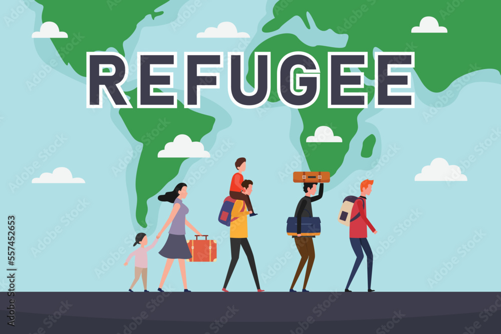 Refugee walking together with world map background Refugee walking together with world map background