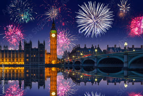 Photography New years fireworks display over the Big Ben and Westminster Bridge in London, U