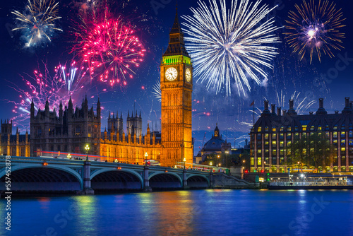 New years fireworks display over the Big Ben and Westminster Bridge in London, UK