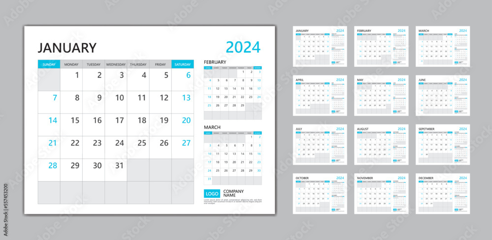 Vecteur Stock Monthly calendar template for 2024 year blue concept, desk  calendar 2024 template, Week Starts on sunday, wall calendar 2024 year,  planner minimal design, Set of 12 Months, organizer stationery