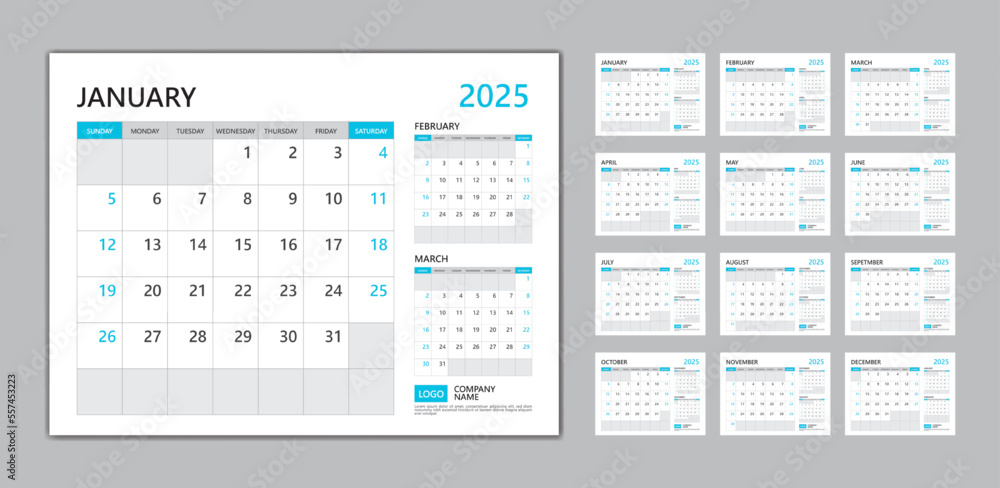 Monthly calendar template for 2025 year blue concept, desk calendar ...