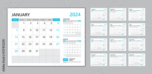 Monthly calendar template for 2024 year blue concept, desk calendar 2024 template, Week Starts on sunday, wall calendar 2024 year, planner minimal design, Set of 12 Months, organizer stationery