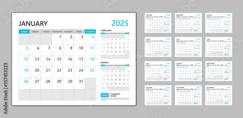 Monthly calendar template for 2025 year blue concept, desk calendar 2025 template, Week Starts on sunday, wall calendar 2025 year, planner minimal design, Set of 12 Months, organizer stationery