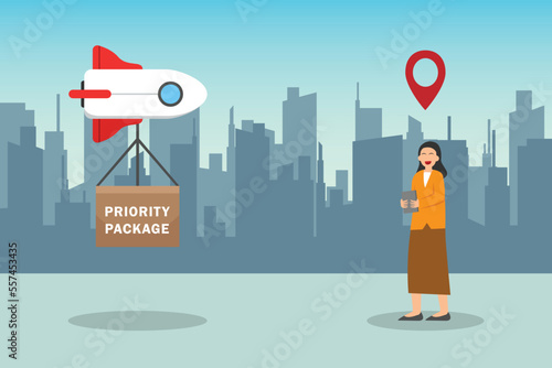 Woman receive a priority package from a drone with city background