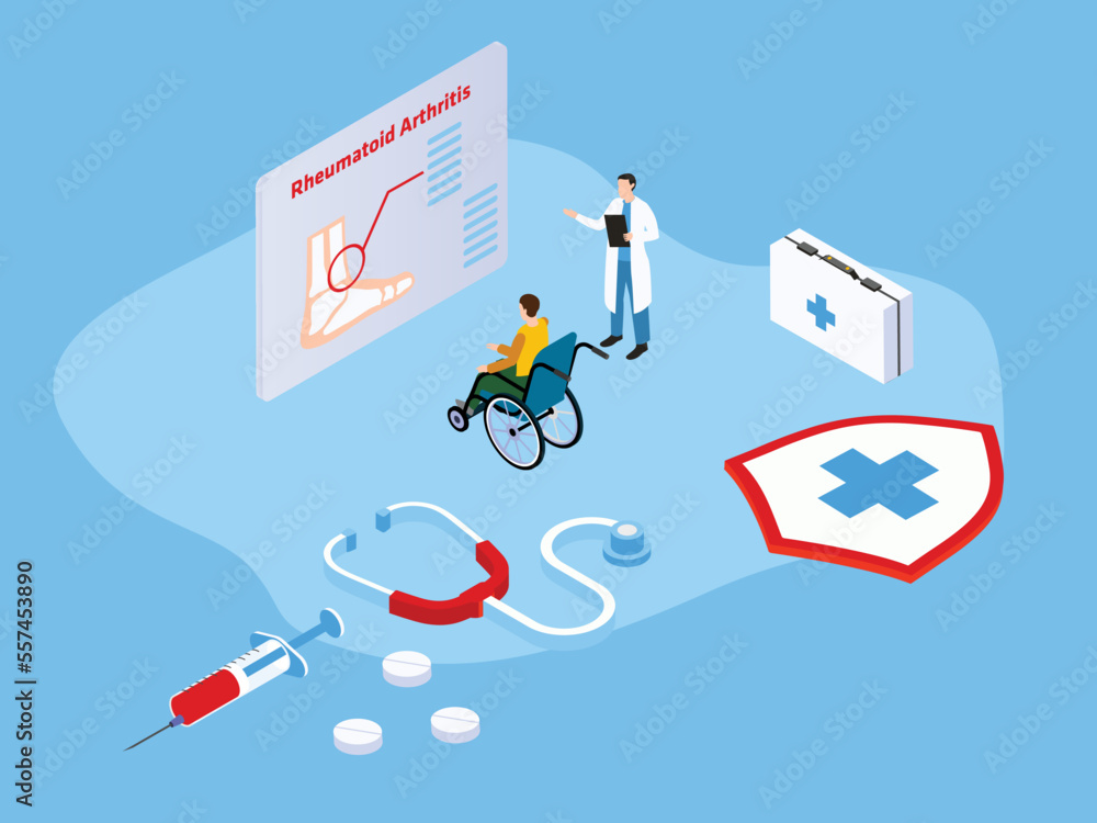 Rheumatoid Arthritis disease diagnosis with a doctor and patient, 3D isometric vector concept Rheumatoid Arthritis disease diagnosis with a doctor and patient, 3D isometric vector concept