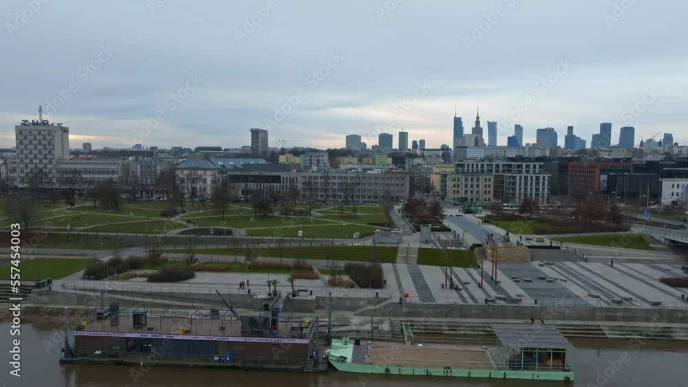 Panoramic aerial view of the modern skyscrapers and business center in Warsaw. View of the city center from above in Warsaw, Poland. Panoramic aerial view of the modern skyscrapers and business center in Warsaw. View of the city center from above in Warsaw, Poland.