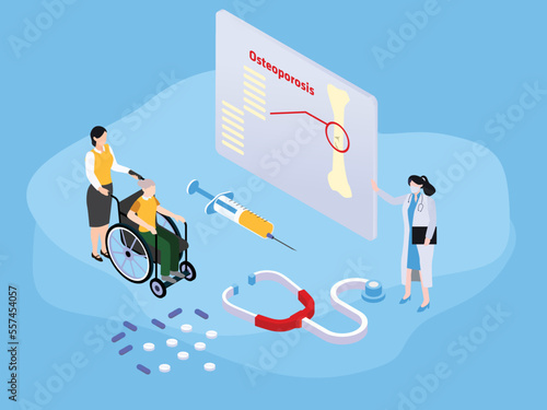Doctor with Osteoporosis patient 3D isometric vector concept