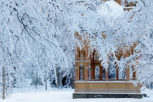 Snow covered tree branches reaching over a gazebo in apark photo